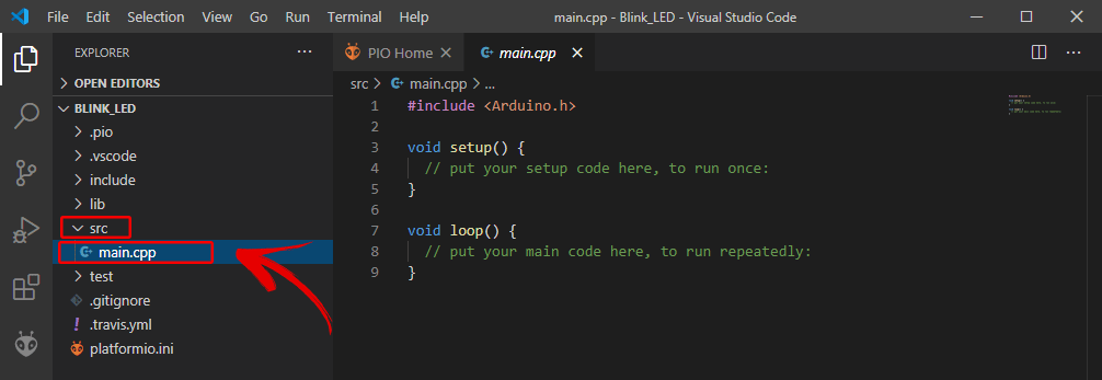 Tệp main.cpp của phần mở rộng PlatformIO IDE trong thư mục src