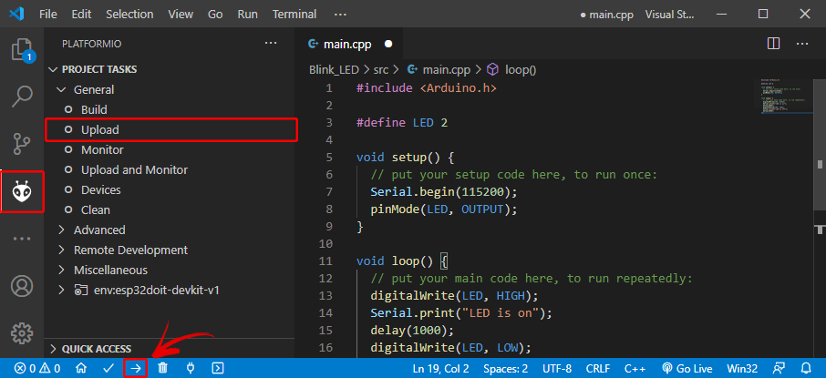 Tải lên mã ESP32 board PlatformIO VS Code Visual Studio