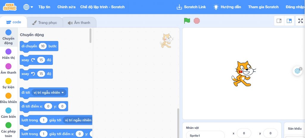 Giao diện của Open Scratch - phiên bản Scratch tại Việt Nam