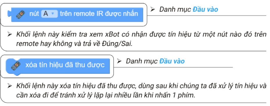 Các khối lệnh điều khiển đèn từ xa bằng remote