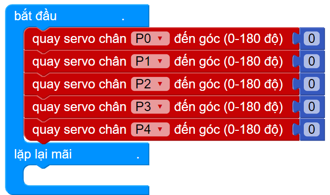 Chương trình quay 5 servo về góc 0 độ