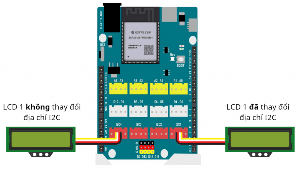 Sơ đồ kết nối nhiều màn hình I2C LCD với Yolo UNO